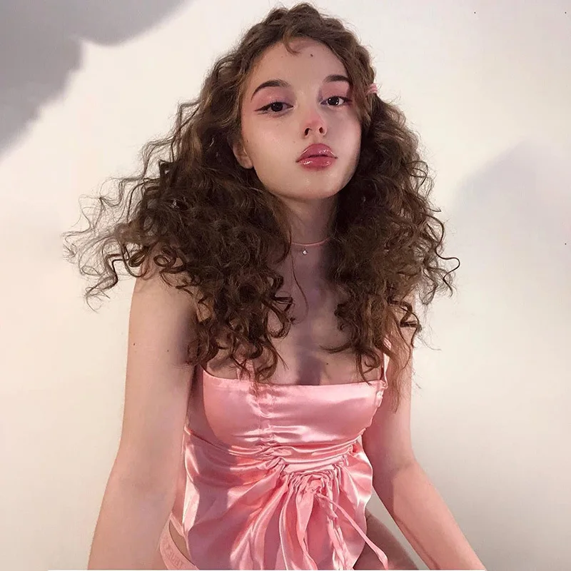 

Satin Pink Drawstring Lady Tanks Top 2021 Ruched Backless Girl Sweet Party Streetwear Women Spaghetti Strap Cami Kawaii Vest