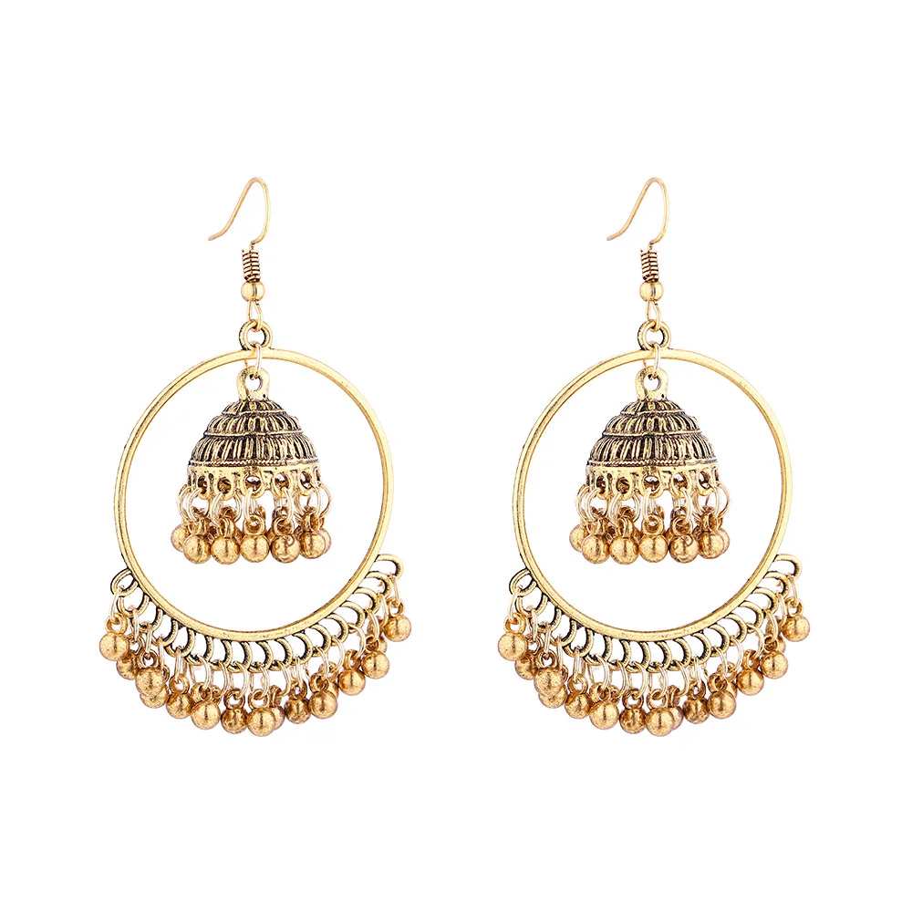 

JL Exaggerated Indian Ethnic Jhumka Lantern Circle Earrings Retro Bell Tassel Earrings