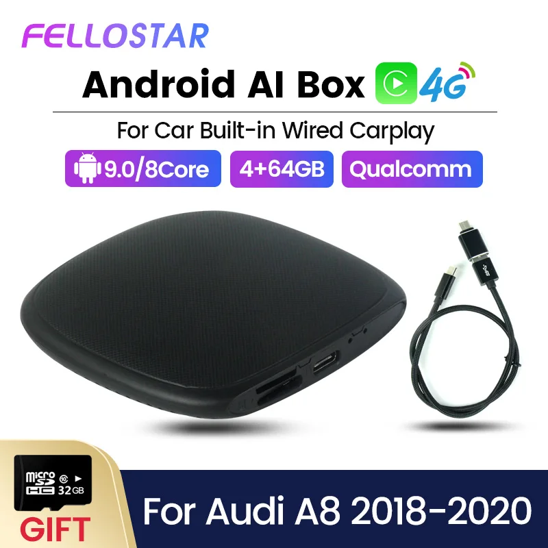

Автомобильная навигация Qualcomm Mini Ai Box Android 9 4 + 64G для Audi A8 2017-2020 Автомобильная проводная и беспроводная carplay Plug and Play