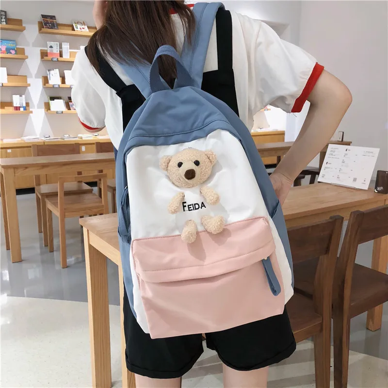 Weysfor Student Kawaii Backpack Fashion Badge Cute School Bag Girl College Book Harajuku Backpack Bear Nylon Women Bag Female