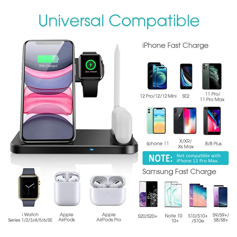 

USLION 10W 3 In 1 Wireless Charger For iPhone 12 Pro Xiaomi Bluetooth Headset Smart Watch Induction Fast Wireless Charging Pad