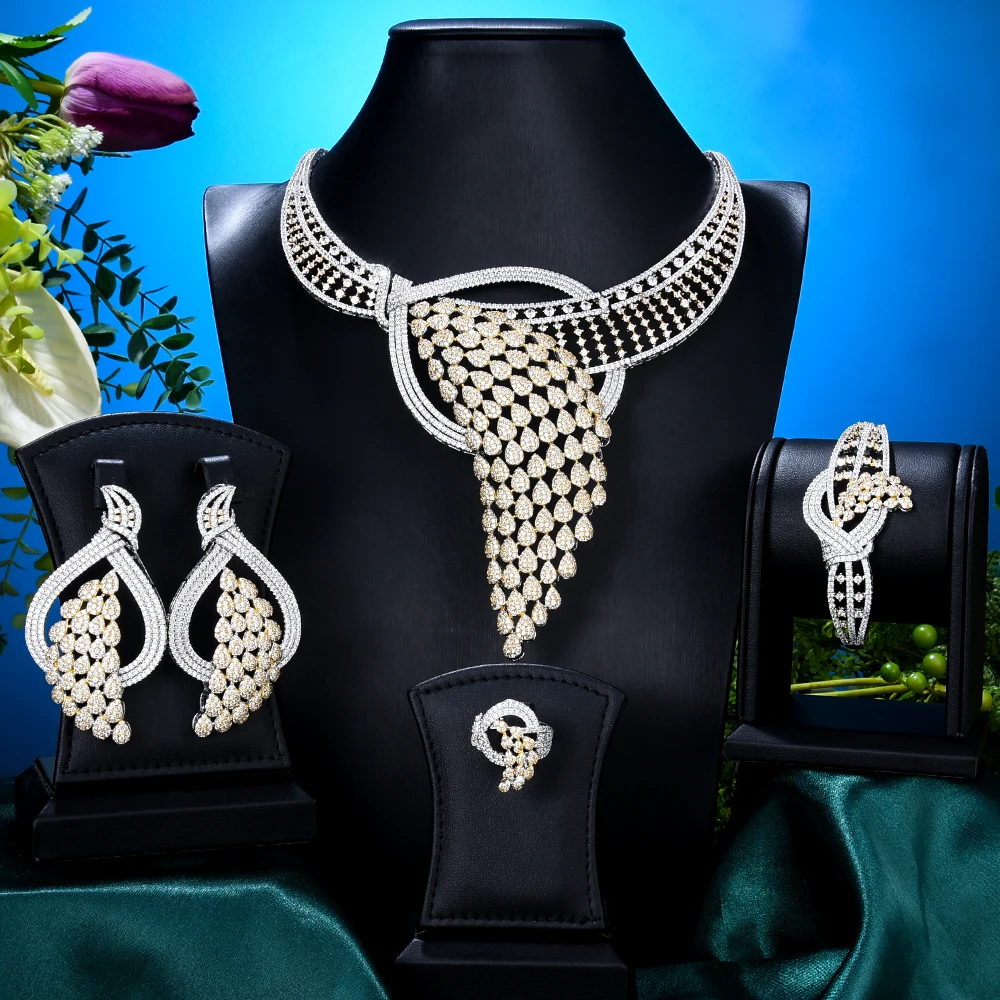 

Blachette Dubai Africa Customize Gorgeous Full Cubic Zircon Necklace Earrings Bracelets Ring Jewelry Set Women's Wedding Banquet