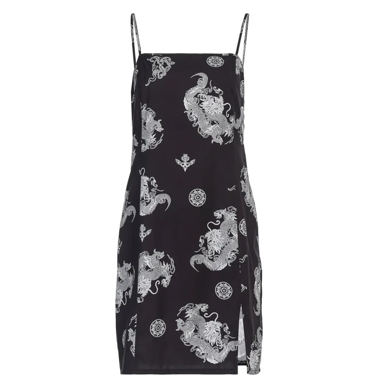 

93D9C1676A Summer fashion new temperament women's dress with drawstring printing split vent dress