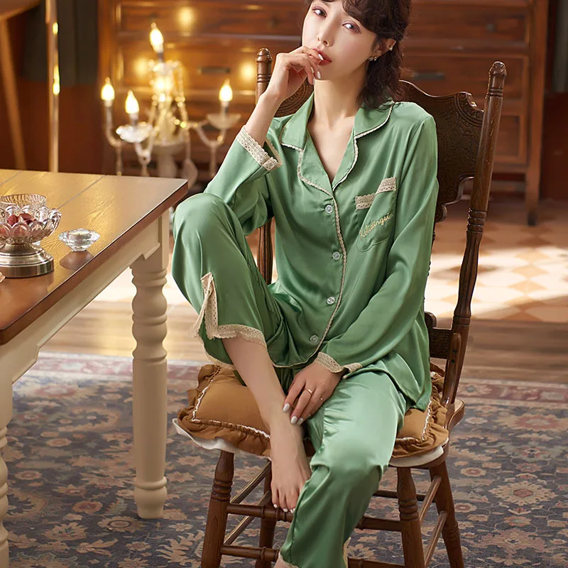

Women Satin Lace Trim 2PCS Sleep Set Pajamas Suit Sleepwear Sexy Nightwear Home Clothing Loose Top&Pants Nightgown Pijamas