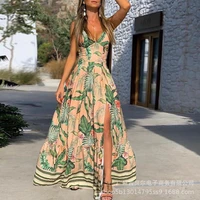 2021 new v neck printed dress with waist slit and big swing dresses strawberry dress dress summer 2021 dress for women