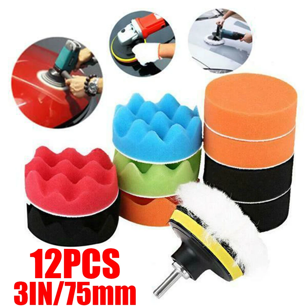 

12pc 3 Inch Sponge Buffing Polishing Pad Kit For Car Polisher With Drill Adapter