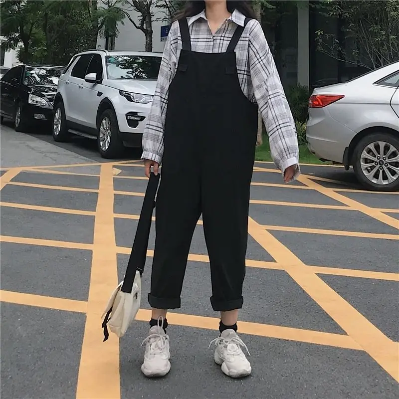 

Jumpsuits Women Solid Pockets Ankle-length Japanese Style Female Overalls Loose BF Green Harajuku Leisure Spring Autumn College