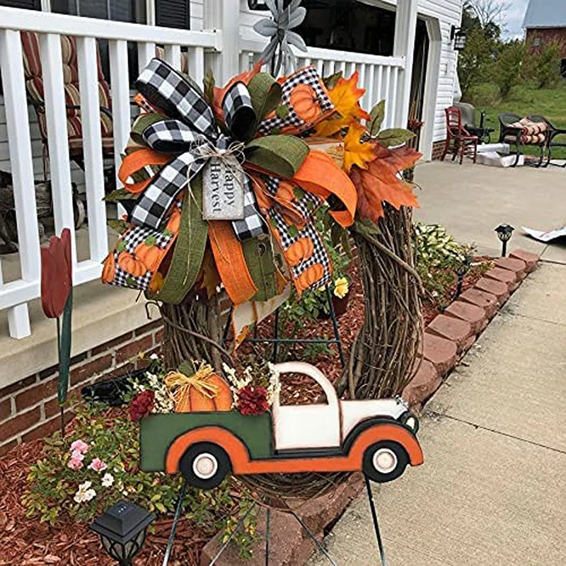 

Autumn Theme Thanksgiving Decor Halloween Farmhouse Wreath Decorations Green Pickup Truck Wooden Pumpkin Garland