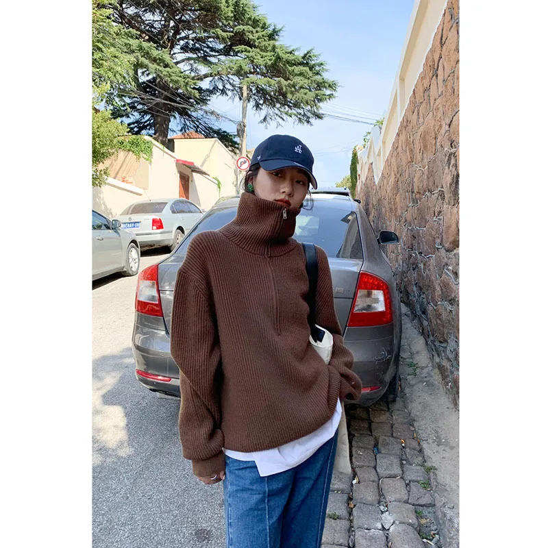 

Black Turtleneck Pullover Women's Autumn And Winter Zipper Design Feels Loose and Foreign Knit Top 2020 Korean Women