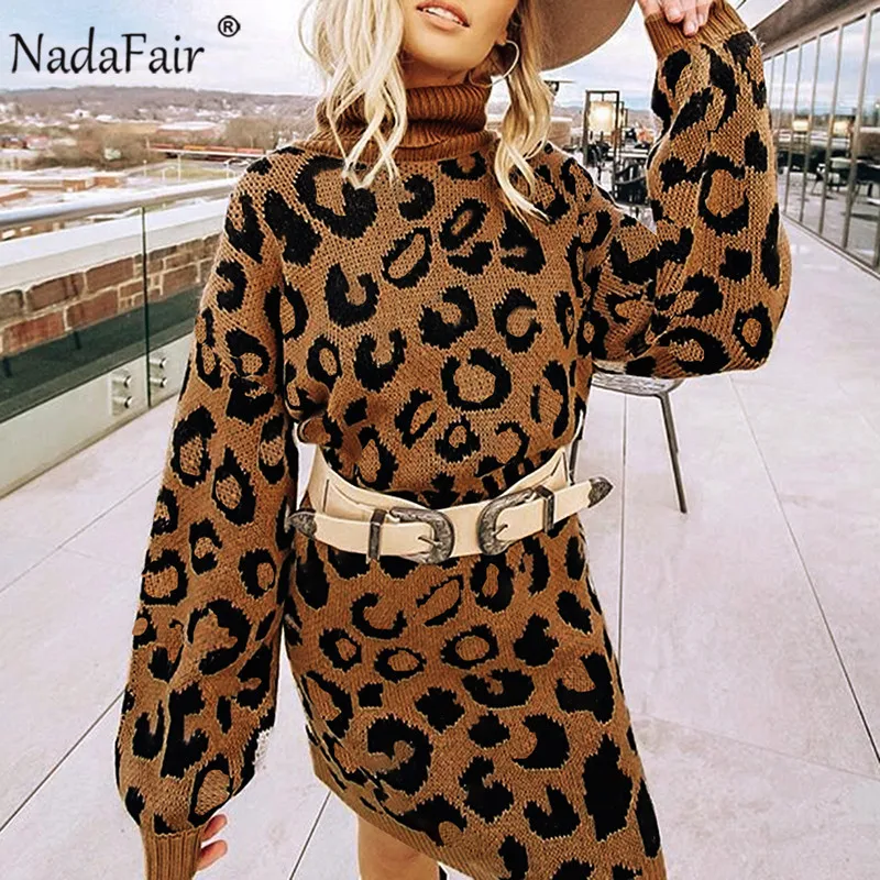 Женское трикотажное платье с высокой горловиной и принтом животных|Женские