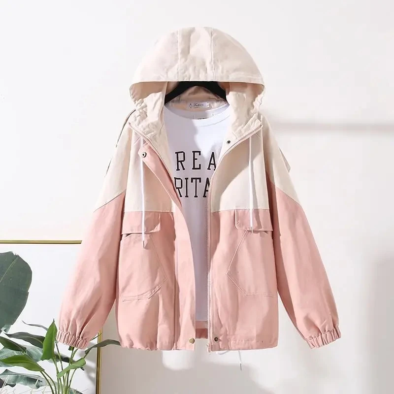 Spring Autumn Fashion Women Bomber Jacket Pocket Zipper Hooded Outwear Loose Plus Size Windbreakers Female Casual Coats Tops New autumn coats jacket women zipper hooded basic jacket overcoat ladies street coat casual winter female outwear pink plus size 6xl