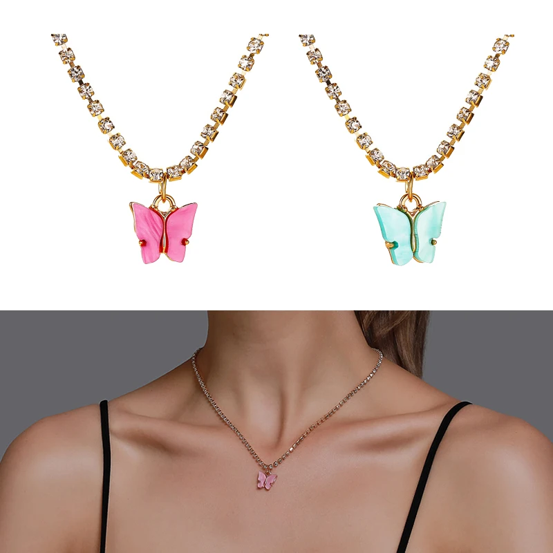 Новое модное ожерелье с цветной бабочкой Женская цепочка до ключиц простое