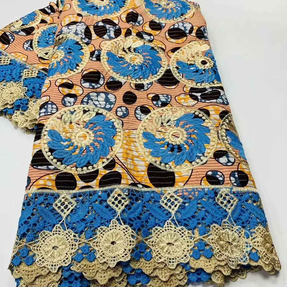 

Fashion Blue African Ankara Batik Wax Fabric With Cord Lace For Evening Dress WLF268(6Yards/lot)