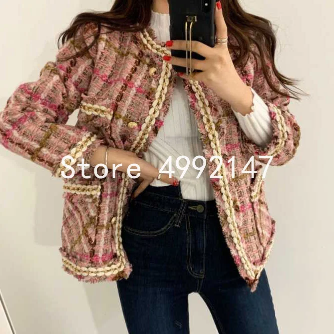 

2020 Autumn winter Korean women elegant plaid pockets lurex tweed coats OL female slim O-neck weave jackets Y719