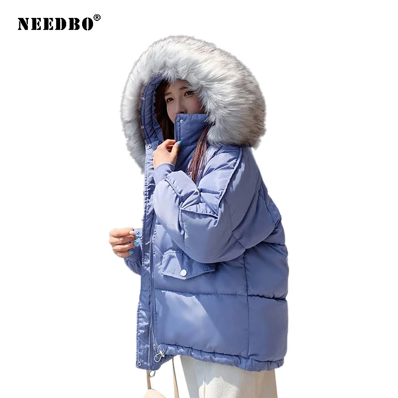 NEEDBO зимняя куртка для женщин меховой воротник теплая пуховик пуховики и парки