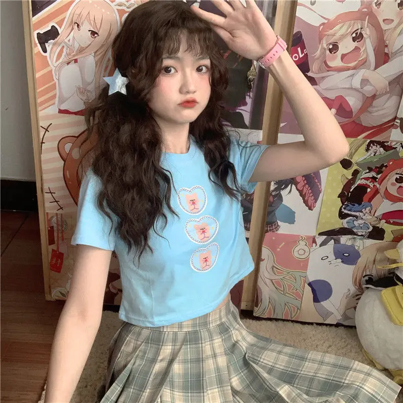 

Graphic T Shirts Women 2021 Heart Bear Print Alt Clothes Aesthetic Cute Cartoon Cropped Top Female MINGLIUSILI Summer Tee Shirt