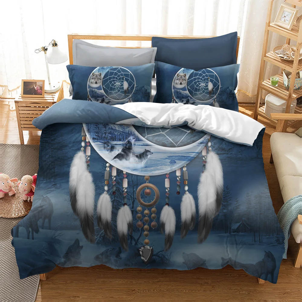 

3D animal printing bedding sets dark blue background wolf printed on the moon shaped pendant printing bedding sets 2/3 pcs