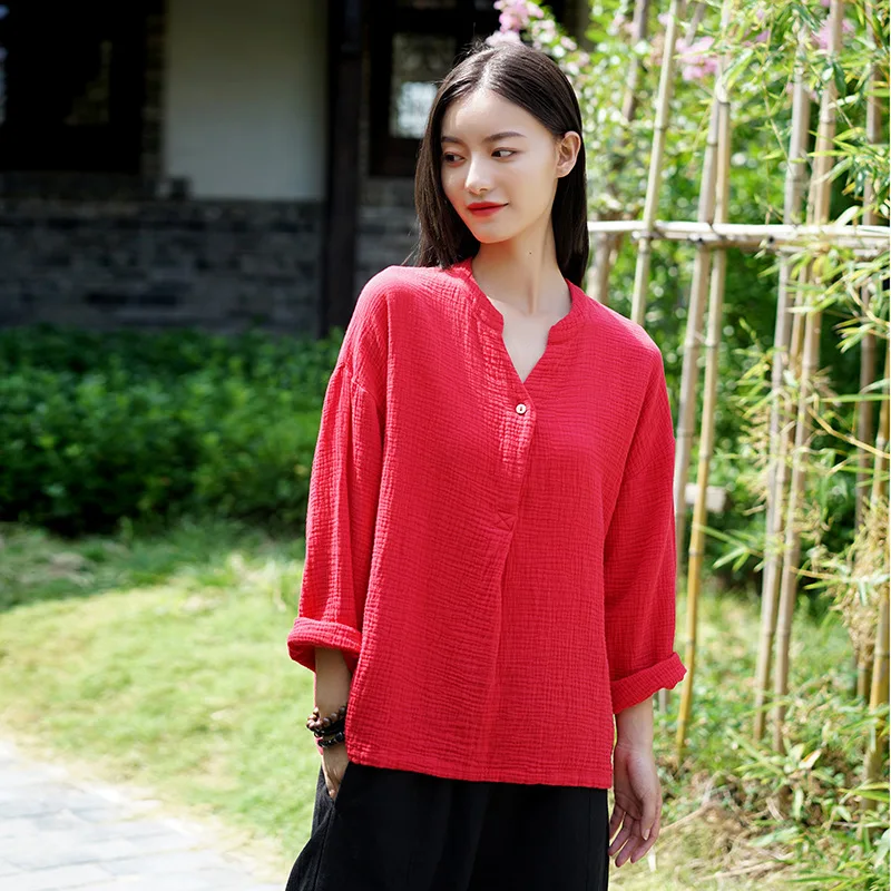 Johnature Autumn Loose Retro 3 Color V-neck Long Sleeve All-match Women Tops T-shirts2021 New Cotton Linen Comfortable T-shirt | Женская