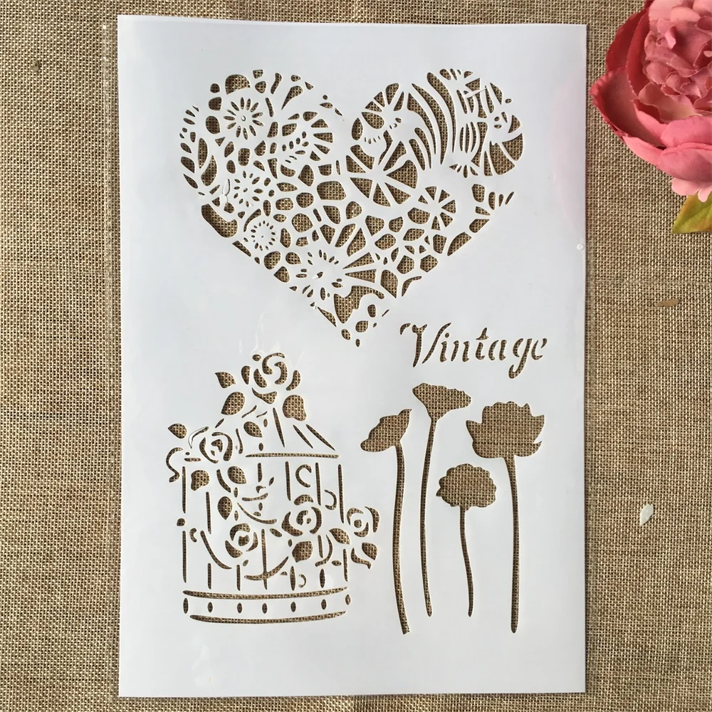

29cm A4 Vintage Heart Birdcage DIY Layering Stencils Wall Painting Scrapbook Coloring Embossing Album Decorative Template
