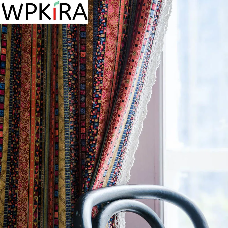 Затемняющие шторы в богемном стиле красные хлопково льняные занавески полоску