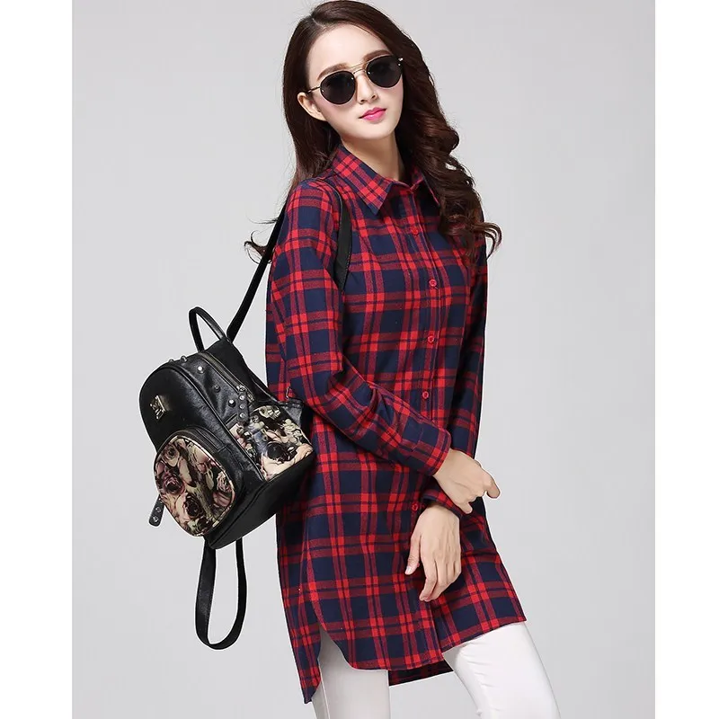 Длинная свободная клетчатая блузка из чистого хлопка в клетку для колледжа