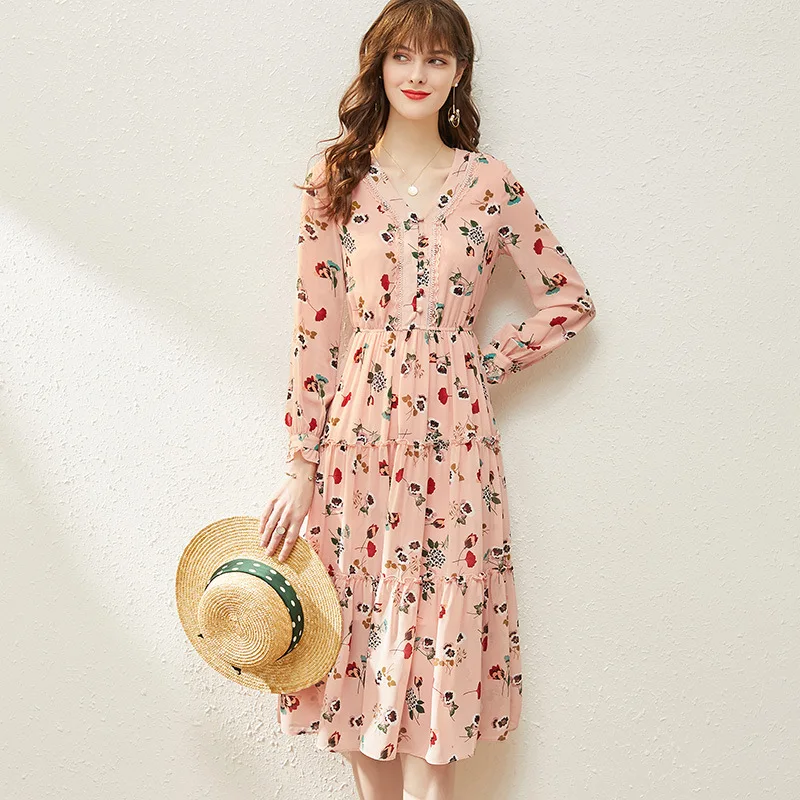 

2020 French spring new floral vintage high waist sweet wind slim slim commuter dress party dress