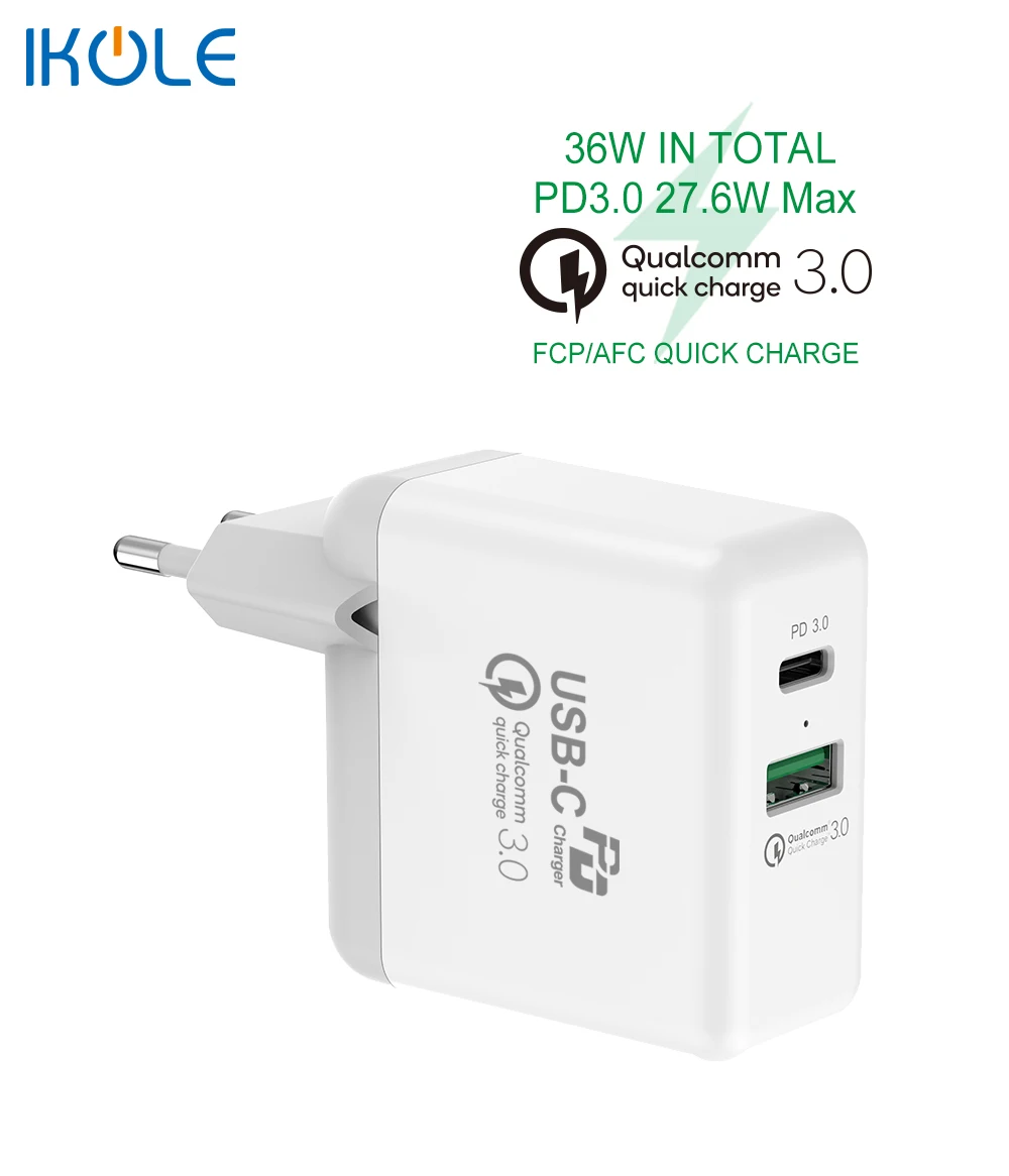IKOLE 36 Вт PD3.0 + QC USB зарядное устройство Поддержка Type-C PD Быстрая зарядка и QC4.0 QC3.0 для