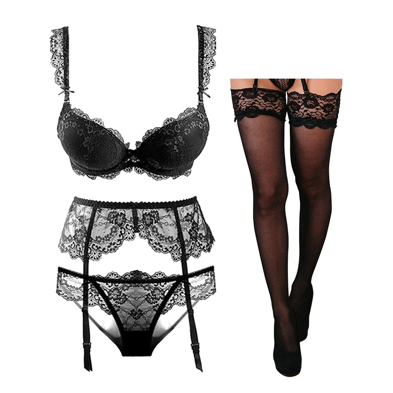 

Varsmiss sexy lingerie set push up underwire bra+lace panties+transparent garter+stockings 4 pieces underwear set
