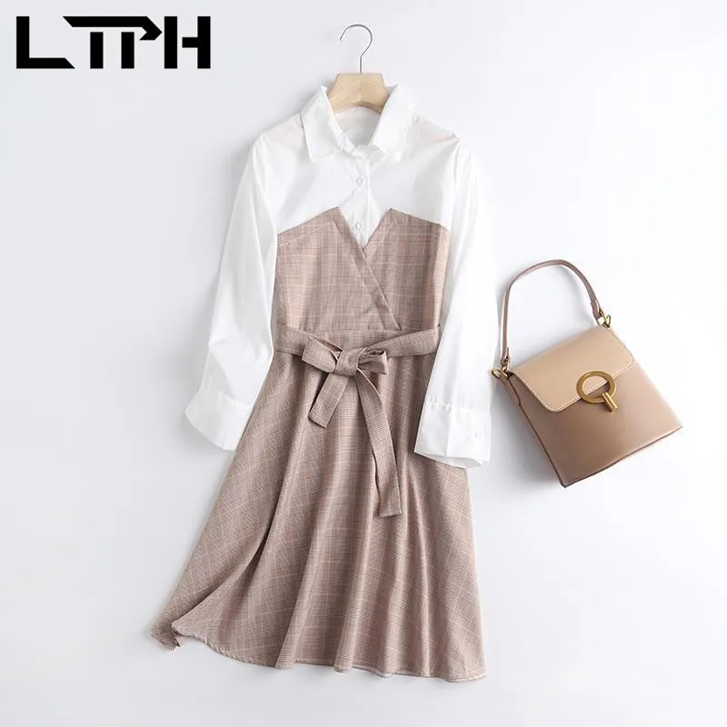 

LTPH Korean elegant long sleeve shirt dress women high waist sashes plaid fake two pieces vintage A-line dresses 2021 Spring New