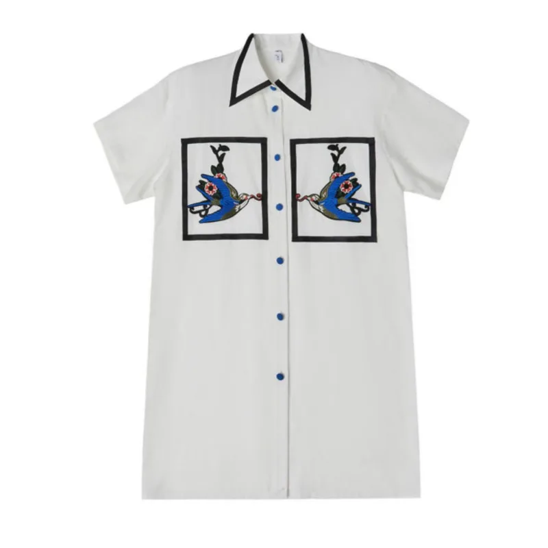 

LANMREM Women Bird Print White Shirt Long Large Size Contrast Shirt Laplel Fashion Top Summer 2021 2H159