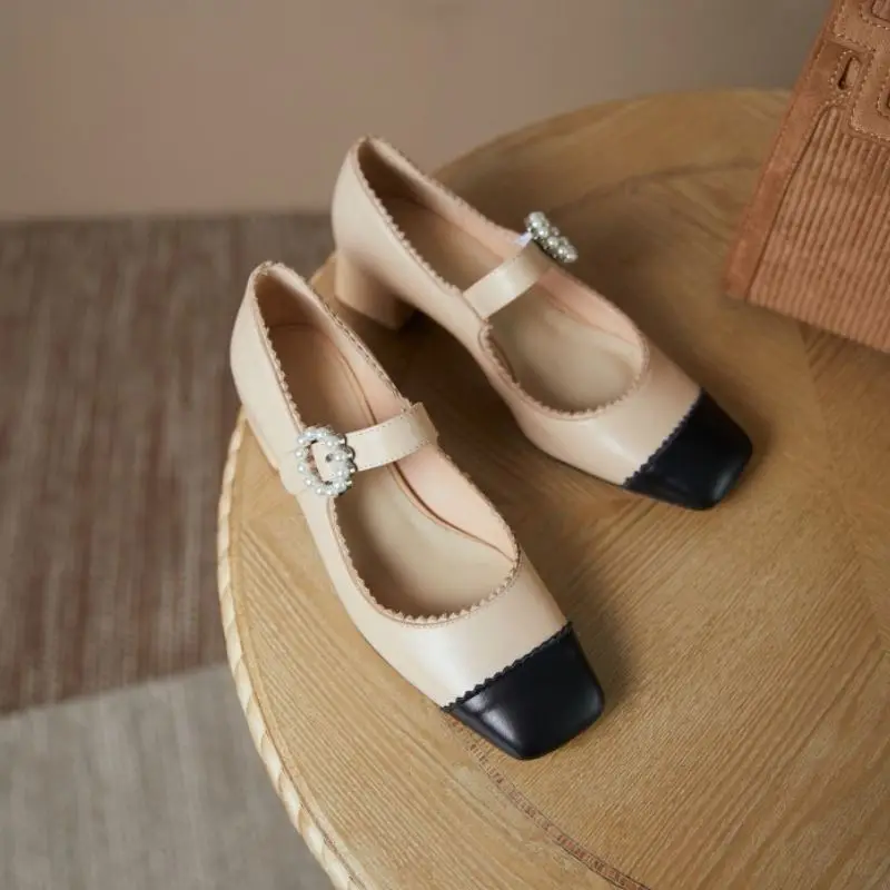 

RIZABINA Plus Size 33-43 Women Pumps Genuine Leather Mix Color Elegant Shoes Women Buckle Office Ladies Work Footwear