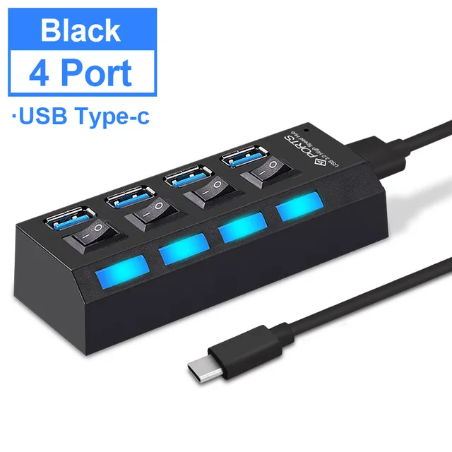 4 Port Type-C Black Usb-концентратор 3,0 4/7 порт Micro USB 3,0 концентратор разветвитель с адаптером питания мульти USB C Hab высокоскоростной 5 Гбит/с Тип C 3 переключатель концентратора для ПК - Цвет: 4 Port Type-C Black