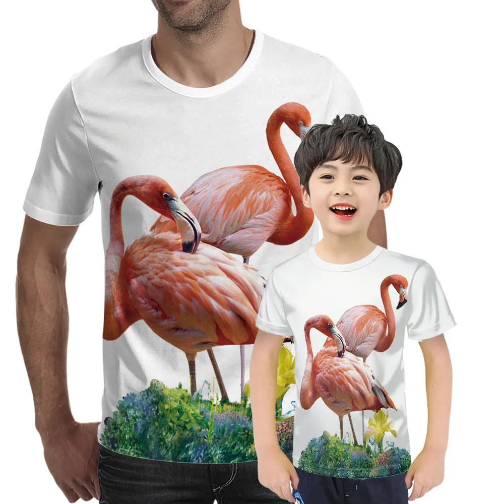 

Spring 2021 new men's T-shirt 3D flamingo pattern solid color T-shirt children's casual fashion trend top