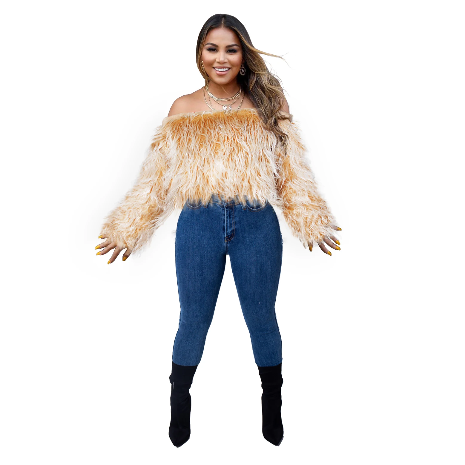 Сезон осень-зима Свитер с воротником-лодочкой из шерсти и меха Модные свитера