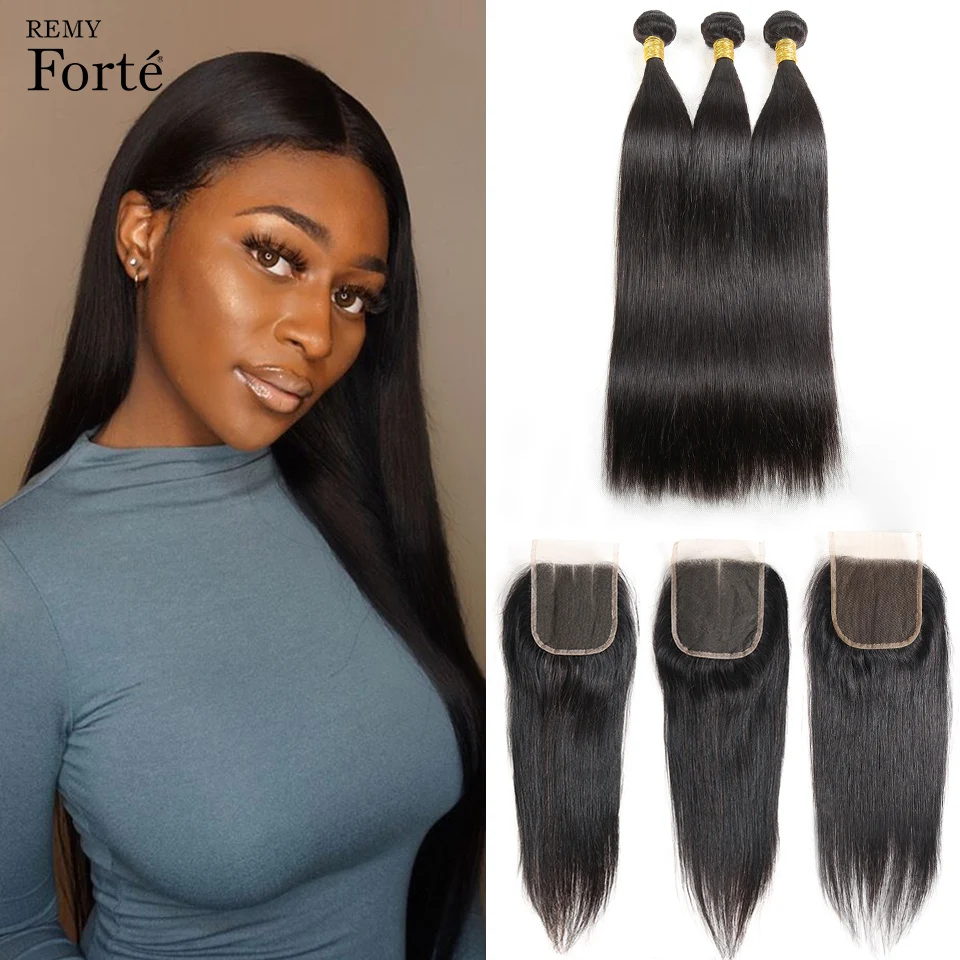 Remy Forte Straight Bundles With Closure Remy 34 30 inch Human Hair 3 Bundles With Closure Brazilian Hair Bundles With Closure