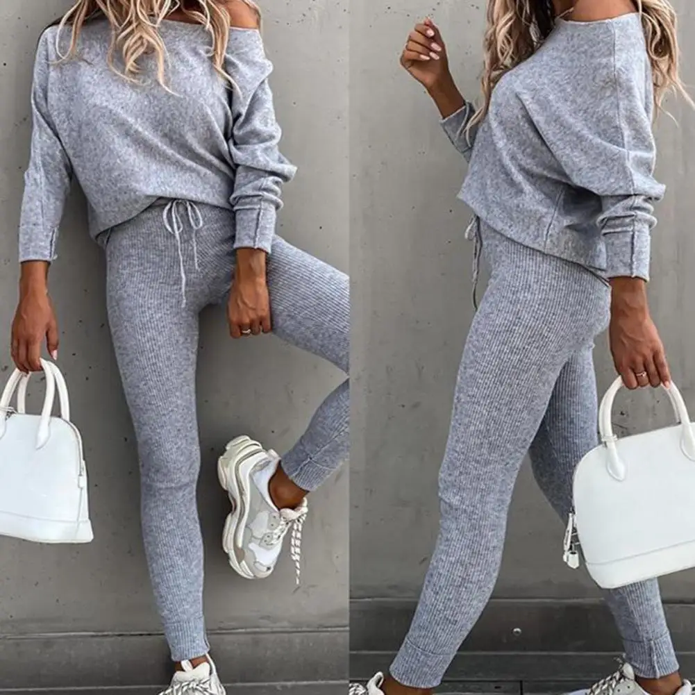 

1 Set Women Blouse Pants Set Solid Color Drawstring Autumn Winter Slanted Neck Sweatshirt Mid Waist Sweatpants for Daily Wear