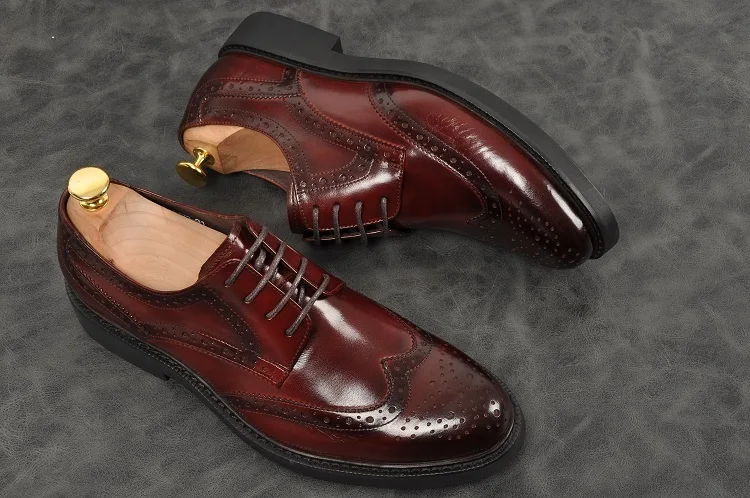 Men Bullock carved Oxford black red wine pointed toe lace up flat formal shoes Genuine leather party wedding | Обувь