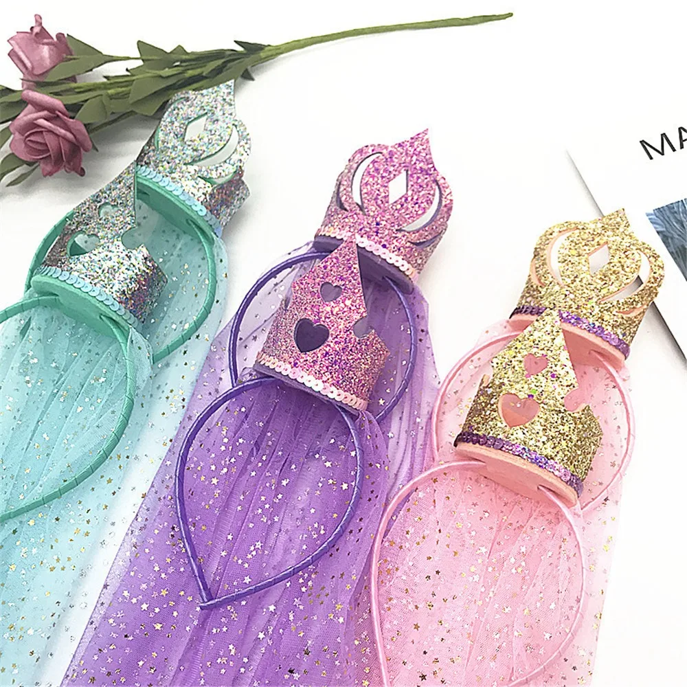 Детская блестящая повязка на голову для девочек корона принцесса вуаль реквизит