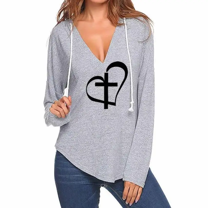 

Hoodies For Women Jesus Bible Faith Geometric Print V-Neck Hoodies Sweatshirt Woman Femmes Casual Top Harajuku Youth Hoody Sweet