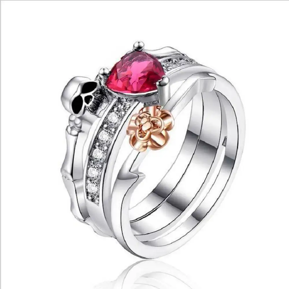 3 шт./компл. модное серебряное кольцо с черепом и розами для женщин красное