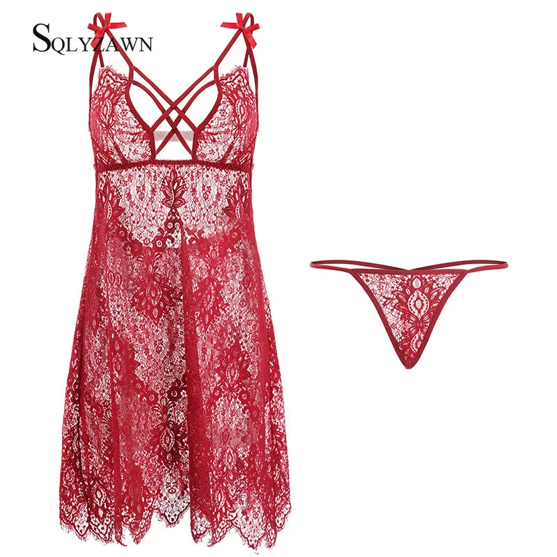 

Sweetheart Sexy Lace Bandage Hollow Lingerie Nightdress Women Costumes Babydoll Exotic Sleepdress Ladies Long Gowns Black Red