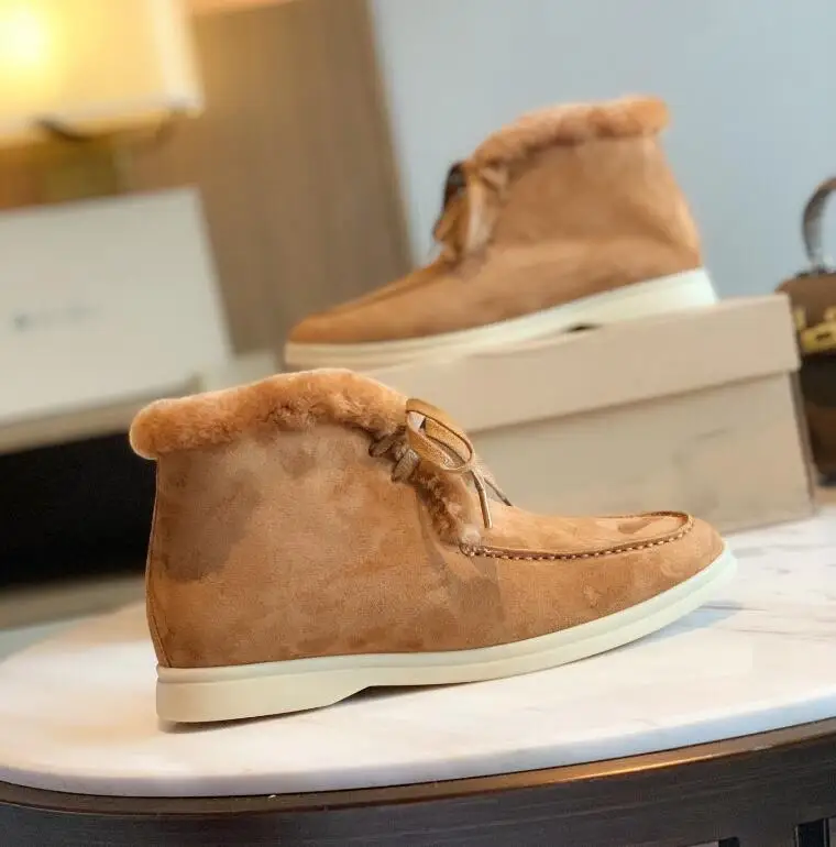 

Wool Warm Women Round Toe Kid Suede Retro High-top Shoes Luxury Fur Flat Loafers Casual Fringe Dress Shoes Short Bota Lace Up