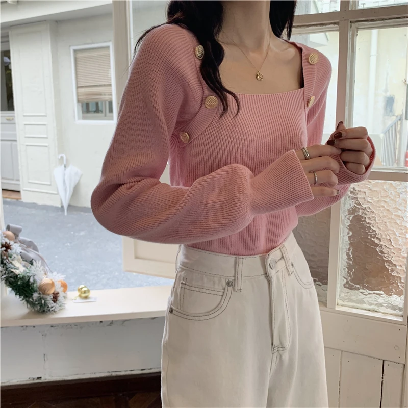 

Winter New Square Collar Long Sleeve Knitted Sweaters for Women Clothes Korean Fashion Slim Solid Button Ladies Tops Pullovers