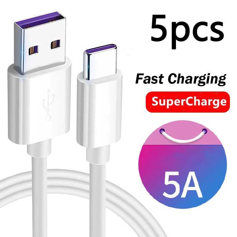 

5pcs USB Type C Cable 5A Fast Charge Wire Cord 1M USBC Cable For Xiaomi 11 note 10 samsung huawei Phone USB-C Charger Cable Line