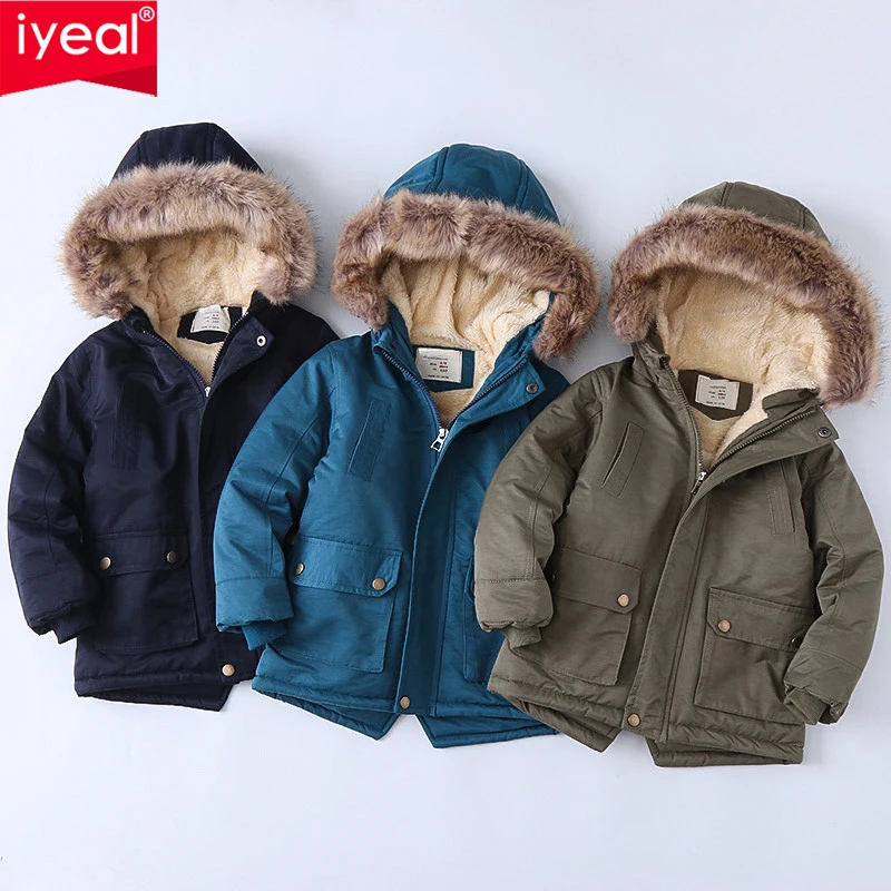 

IYEAL Kids Jacket Boys Winter Coat Warm Coral Fleece Inside Fur Hooded Outerwear Children's Clothing Snow Wear