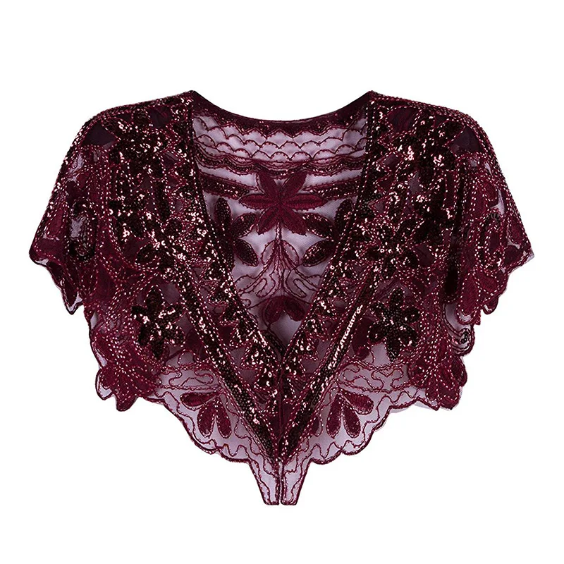 Maroon shawl Женская шаль 1920s Короткая Свадебная накидка Арт Деко с пайетками и бисером вечерняя накидка Болеро Хлопушка накидка летняя накидка - Цвет: Maroon shawl