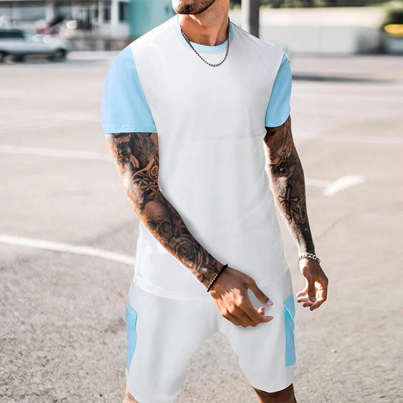 

Мужской комплект из двух предметов, футболка с коротким рукавом и круглым вырезом и шорты в стиле пэчворк, лето 2021