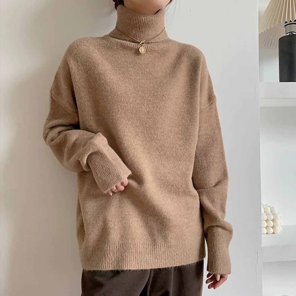 

Осенние женские топы, новинка, корейская мода, свободная водолазка, теплый вязаный свитер, женские повседневные универсальные тонкие пулов...