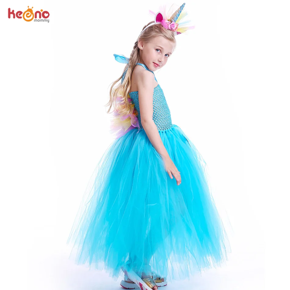 Blue Girls Tutu Dress Flower Unicorn Headband Baby Fluffy Tulle Robe Kids Girl Performance Halloween Costume Vestidos Clothes | Детская