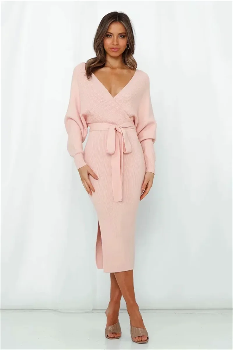 

Good looking retro bat sleeve waist pack hip thick knit dress autumn winter lace up belt long dress